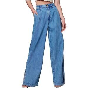 Blank NYC Womens 25 Pleated Wide Leg Cotton Denim Jeans Boho Skater Casual NEW